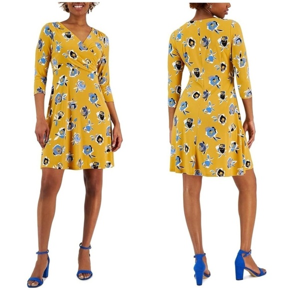 NWT Kasper Floral Print Shift Dress Honey Comb Multi Long Sleeve Plus Size 1X - Picture 1 of 12